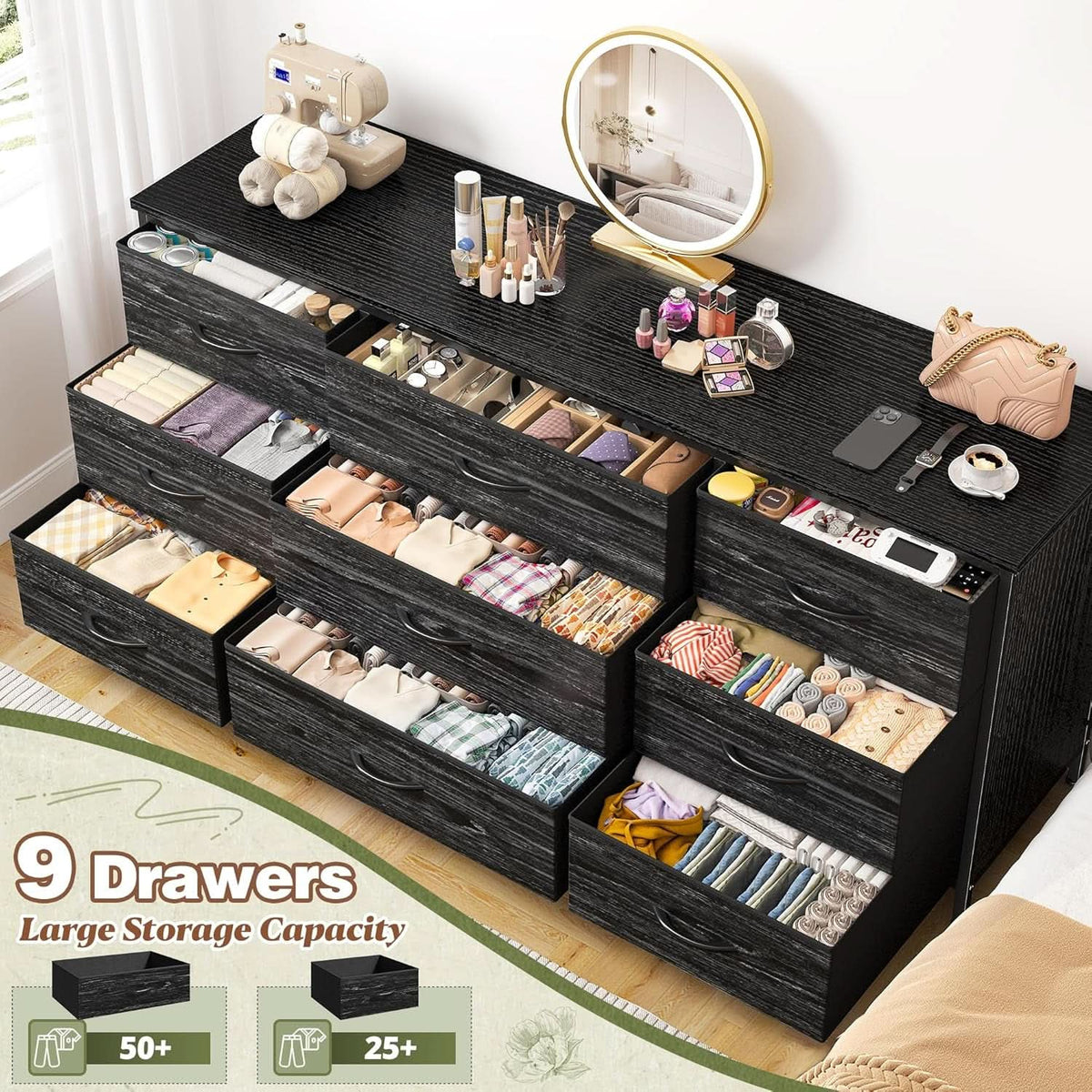 Dresser TV Stand for 60 Inch TV, 9 Drawer, Charcoal Black