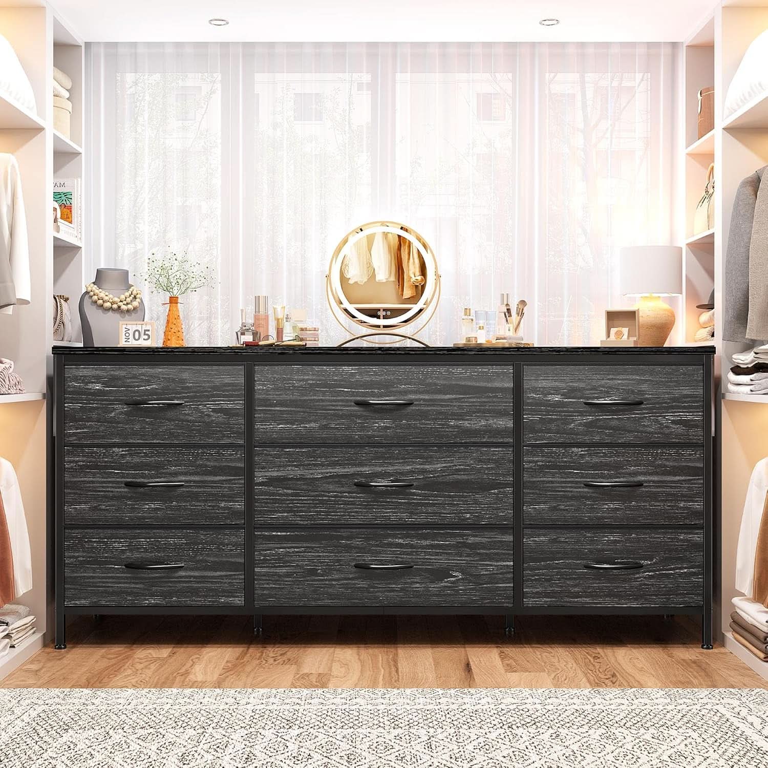 Dresser TV Stand for 60 Inch TV, 9 Drawer, Charcoal Black