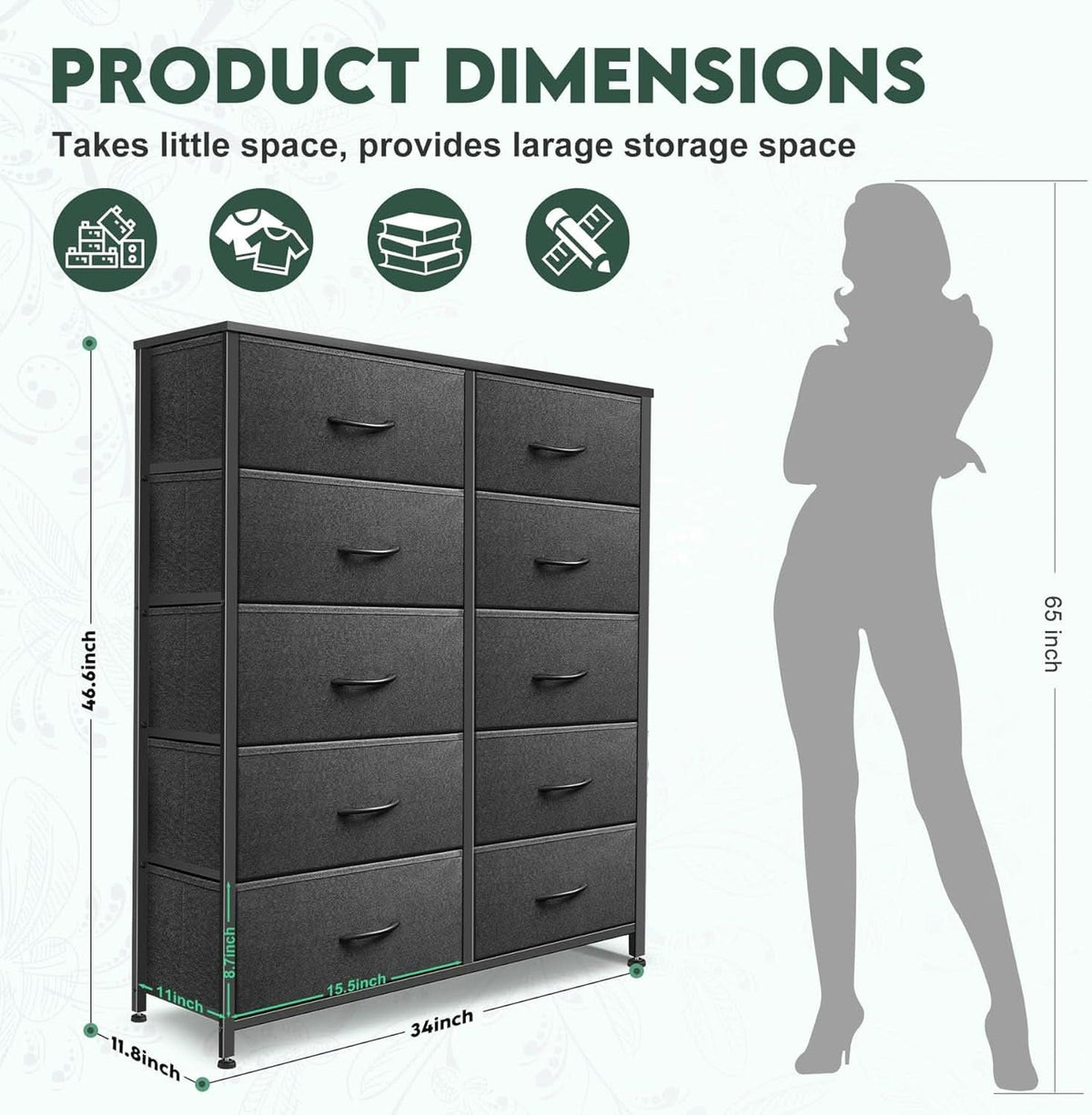 Dresser With 10 Drawers And Fabric Bins In Black Finish