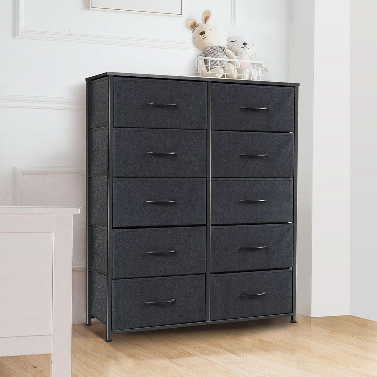Dresser With 10 Drawers And Fabric Bins In Black Finish