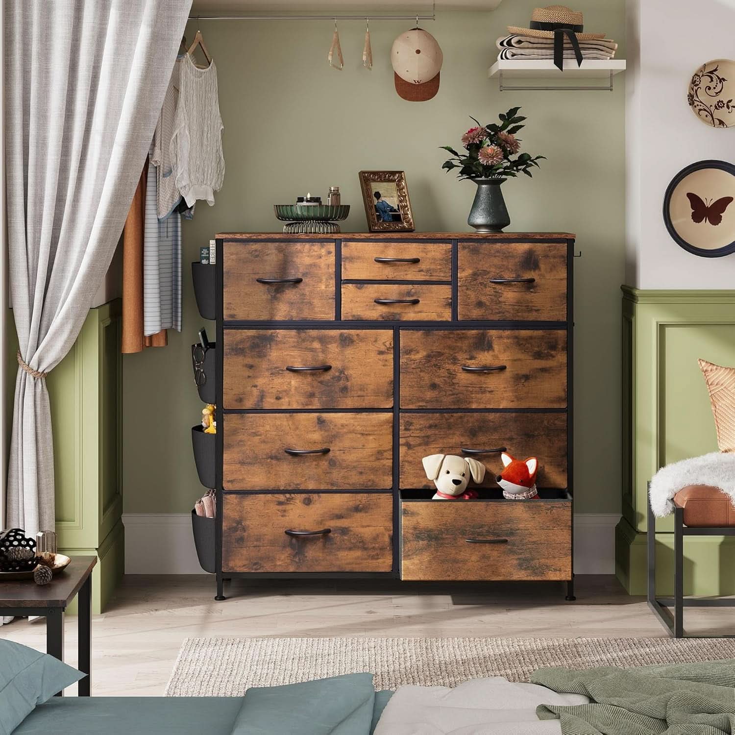 Dresser With 10 Drawers In Rustic Brown Wood Grain Finish