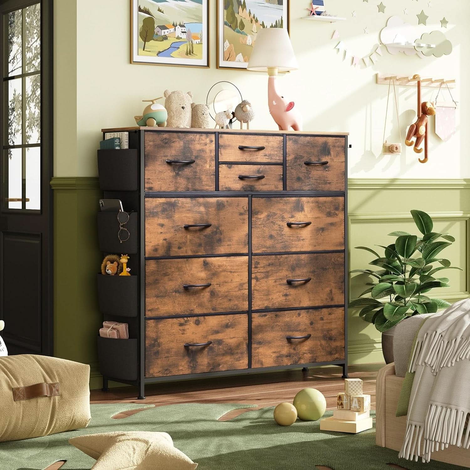Dresser With 10 Drawers In Rustic Brown Wood Grain Finish