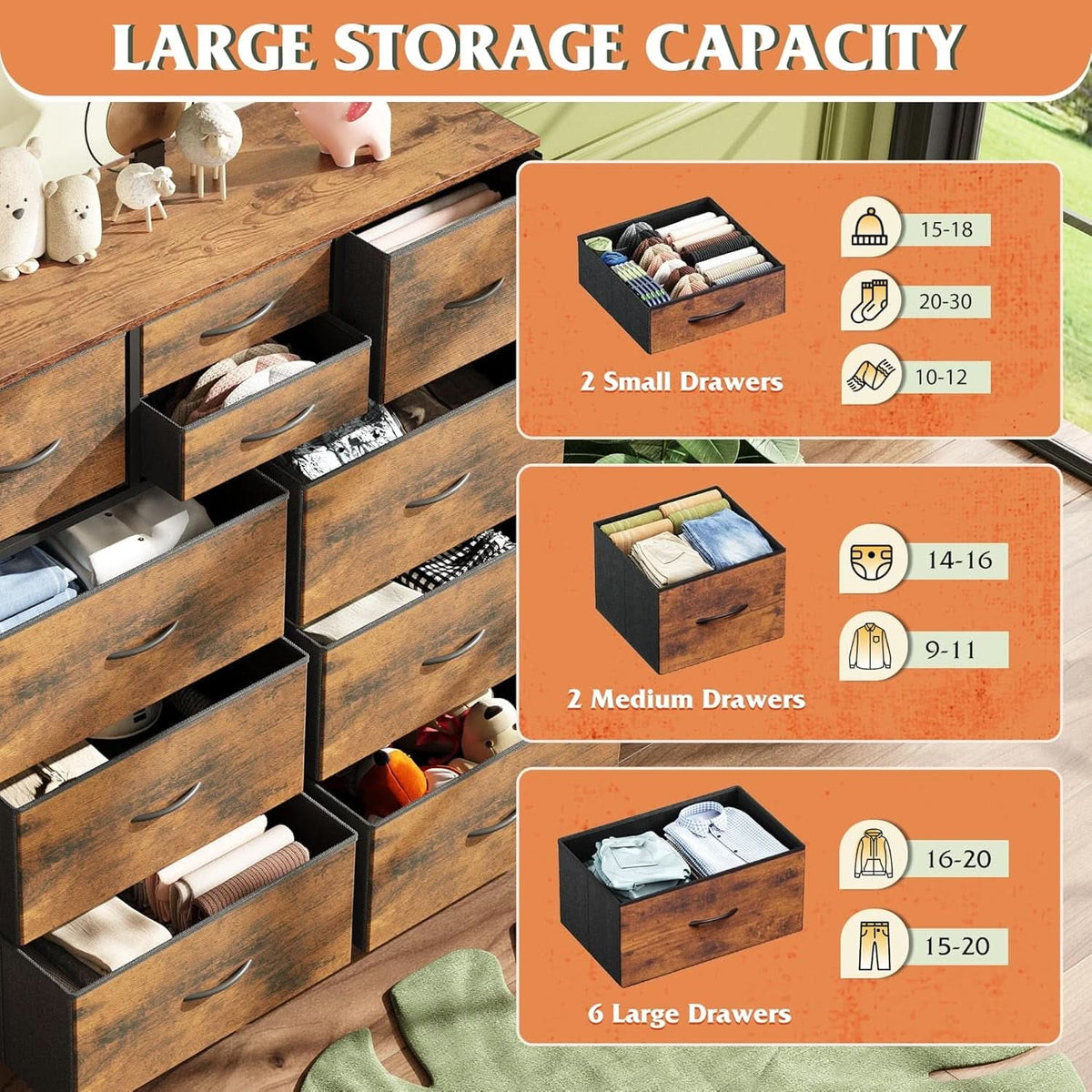 Dresser With 10 Drawers In Rustic Brown Wood Grain Finish