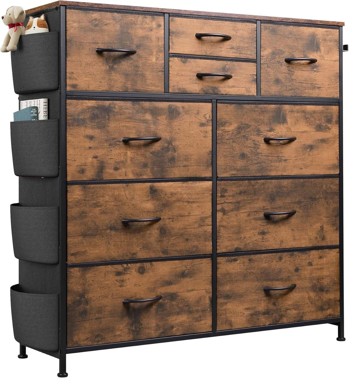 Dresser With 10 Drawers In Rustic Brown Wood Grain Finish