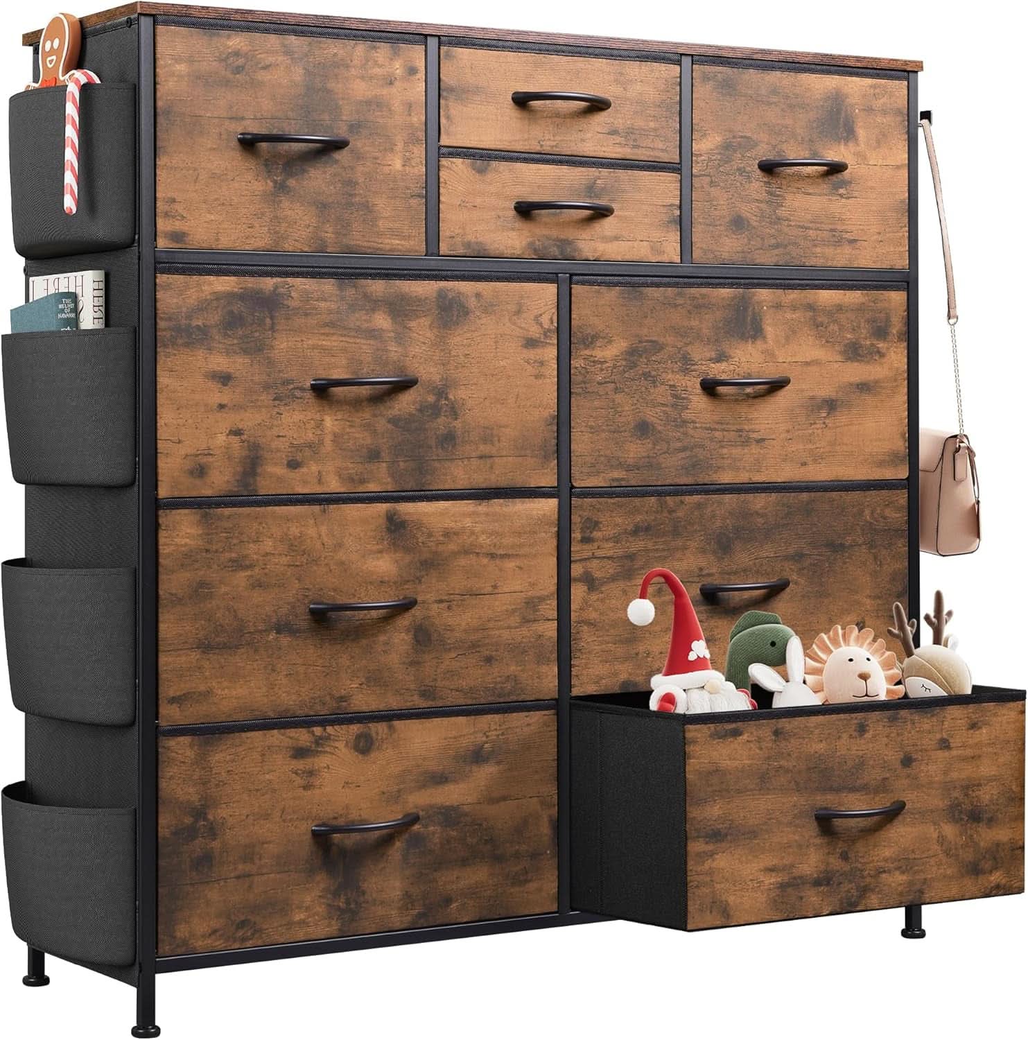 Dresser With 10 Drawers In Rustic Brown Wood Grain Finish