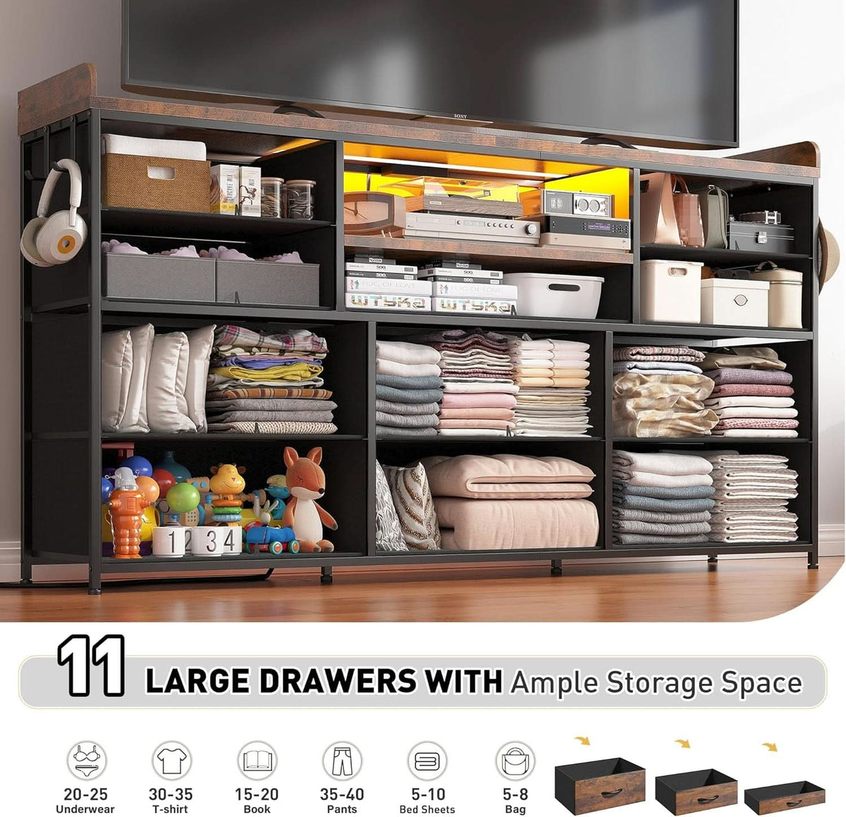 Dresser With 11 Drawers And LED Lights For Bedroom
