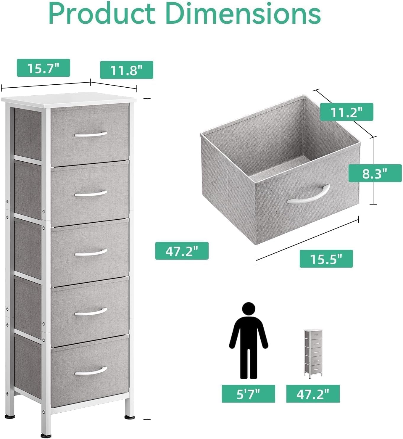 Dresser With 5 Drawers Tall 48 Inch Light Grey Steel Frame