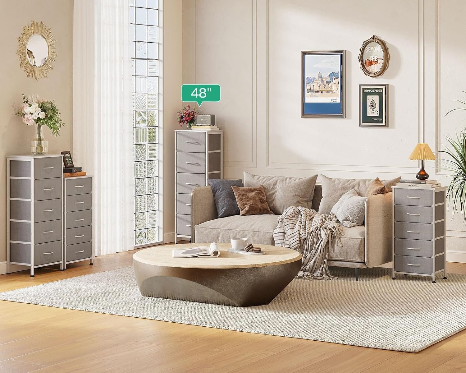 Dresser With 5 Drawers Tall 48 Inch Light Grey Steel Frame