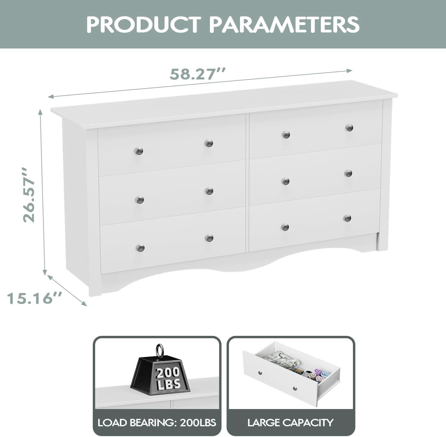 Dresser With 6 Drawers And TV Stand White Wood Storage