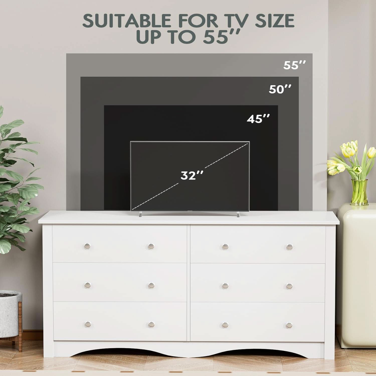 Dresser With 6 Drawers And TV Stand White Wood Storage