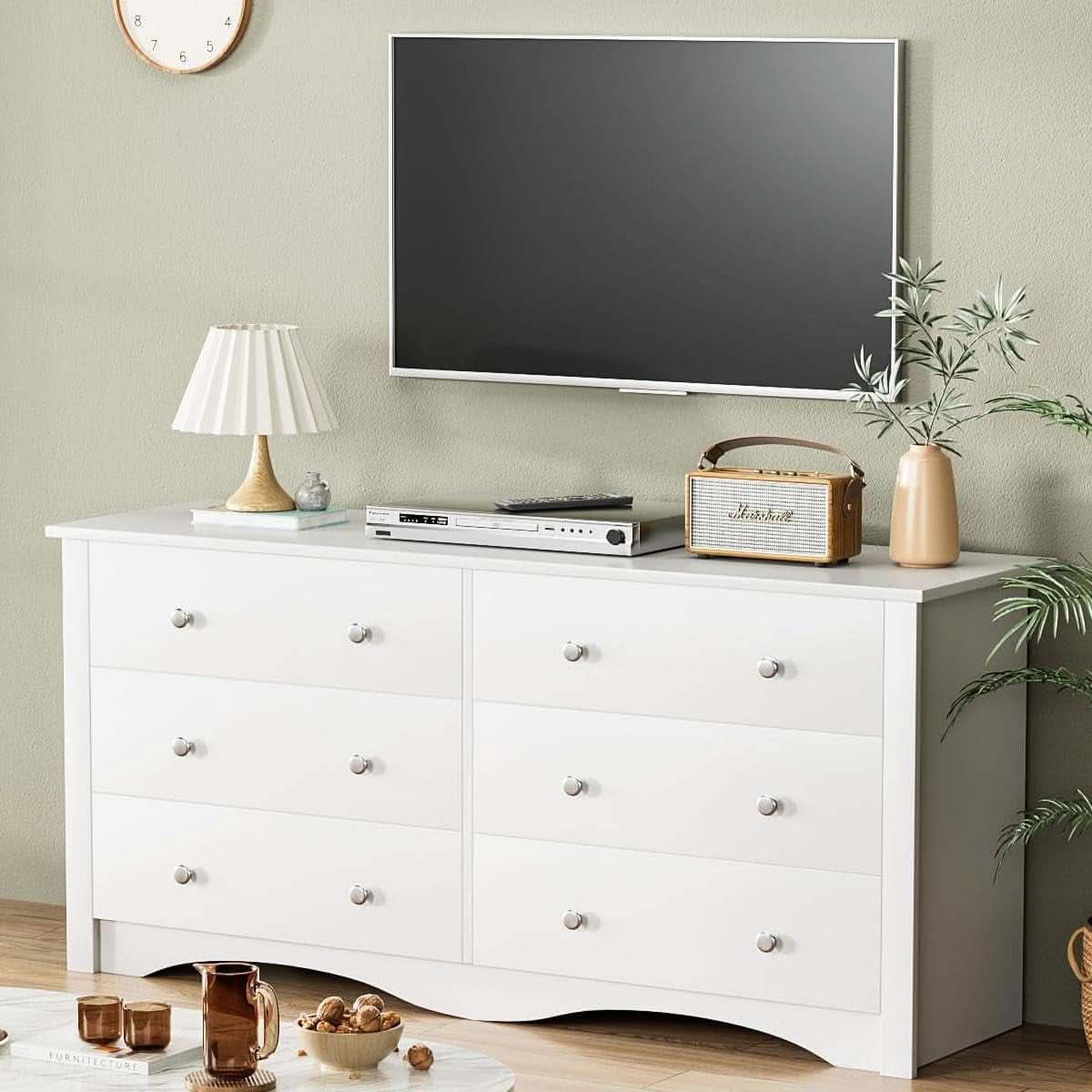 Dresser With 6 Drawers And TV Stand White Wood Storage