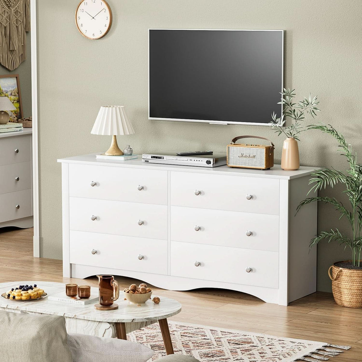 Dresser With 6 Drawers And TV Stand White Wood Storage
