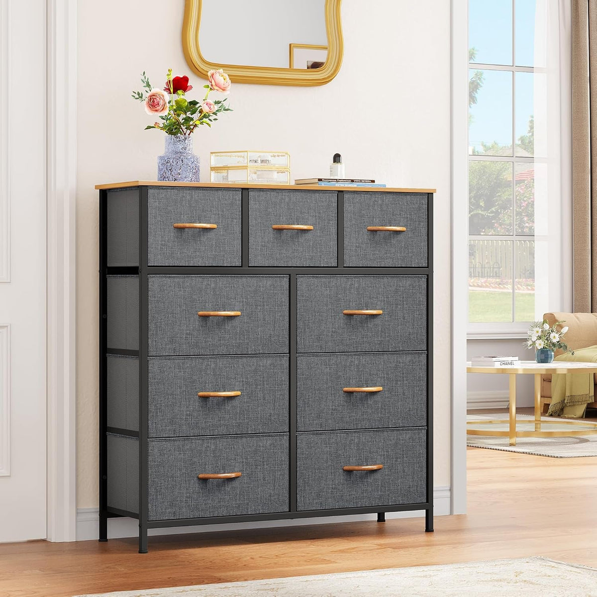 Dresser With 9 Drawers Dark Grey Fabric Storage Chest