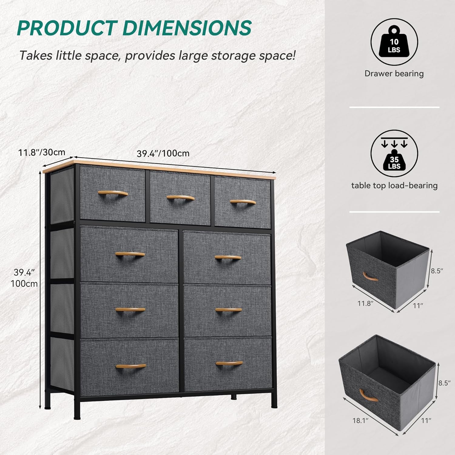 Dresser With 9 Drawers Dark Grey Fabric Storage Chest