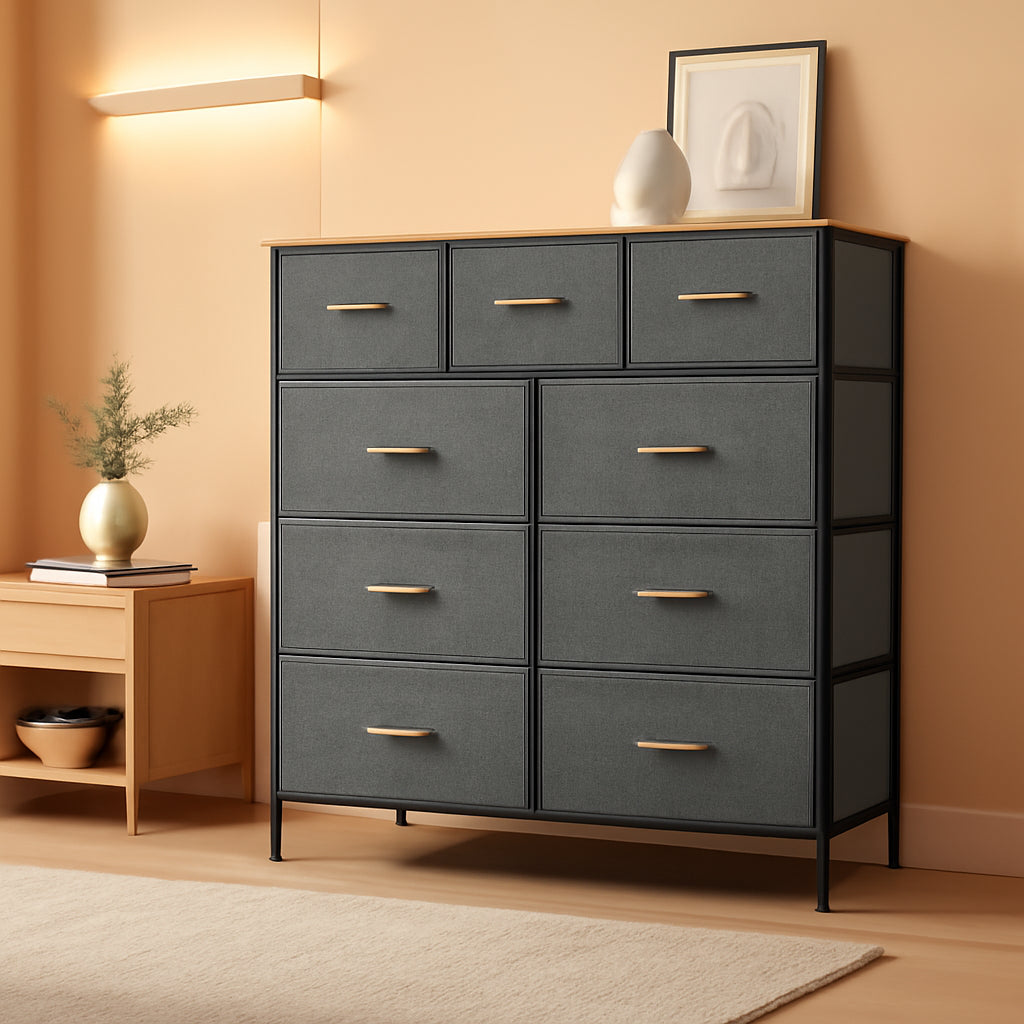 Dresser With 9 Drawers Dark Grey Fabric Storage Chest
