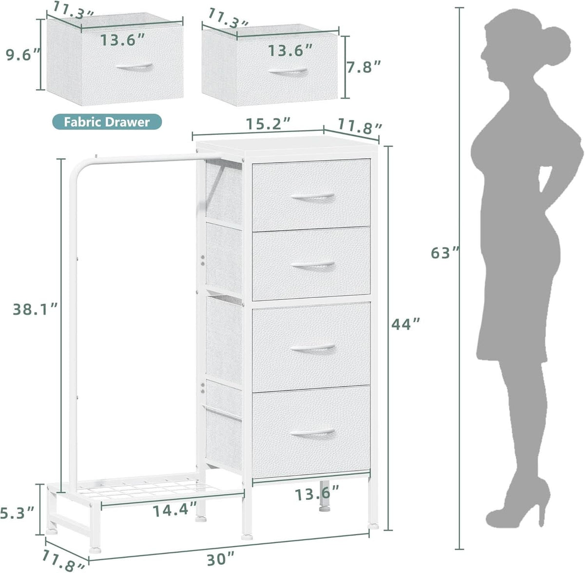 Dresser With Hanging Rack 4 Drawer White 44 Inch Tall