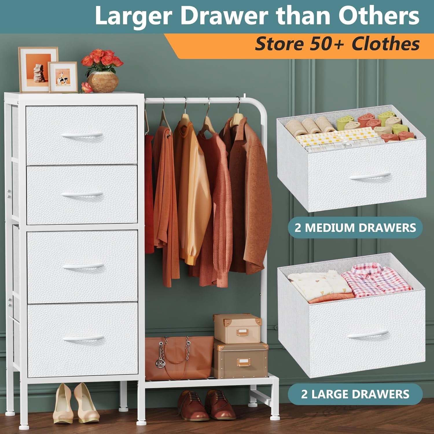Dresser With Hanging Rack 4 Drawer White 44 Inch Tall