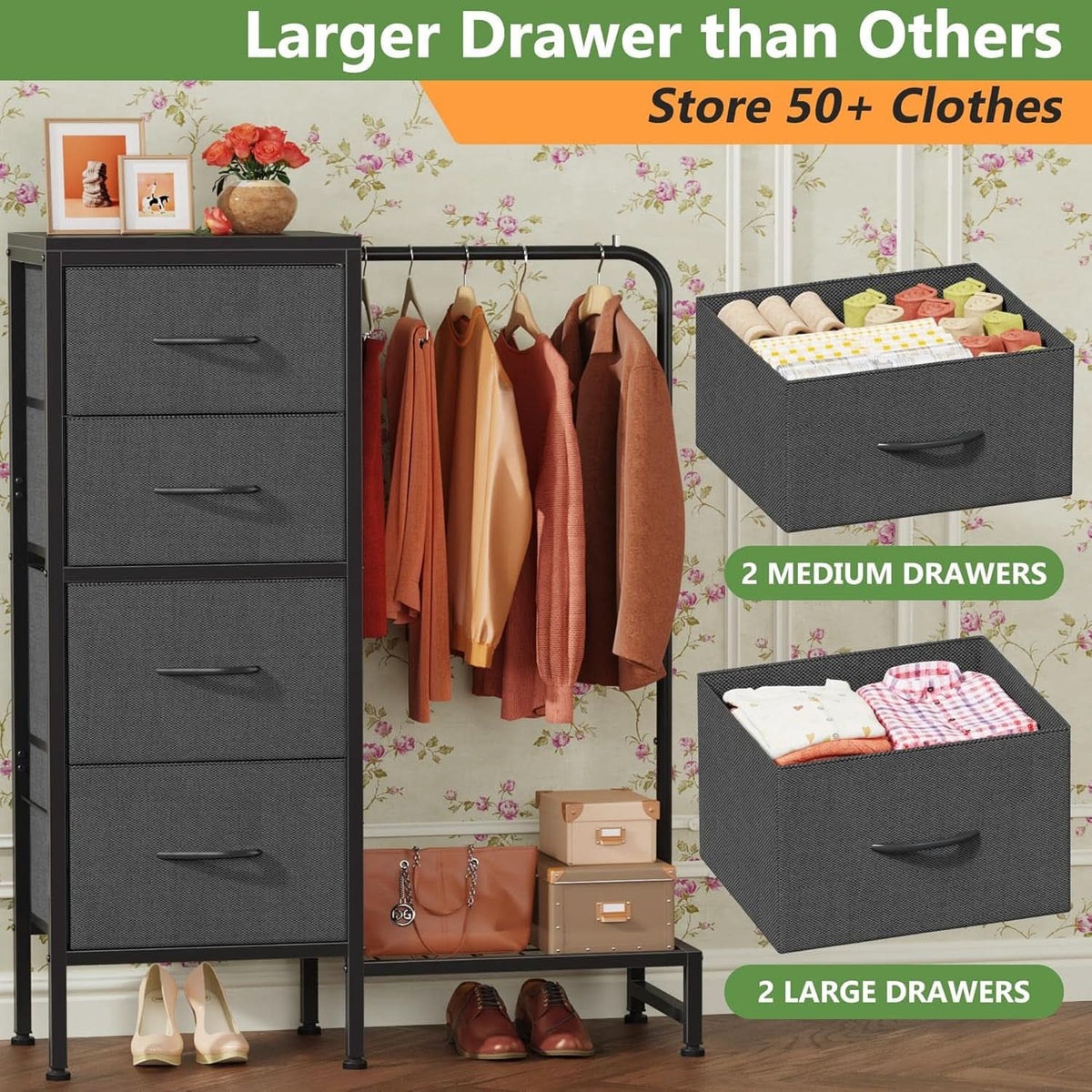 Dresser With Hanging Rack 44 Inch Tall Grey Four Drawer