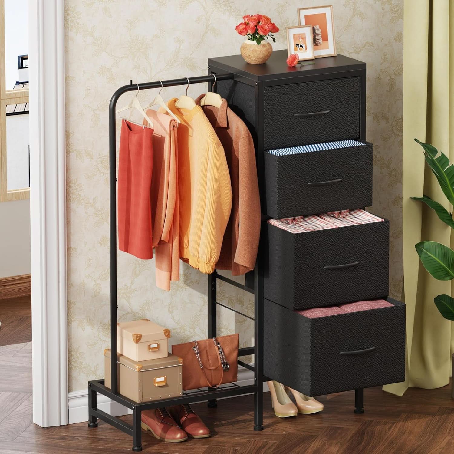 Dresser With Hanging Rack And 4 Drawers Black 44 Inch Tall