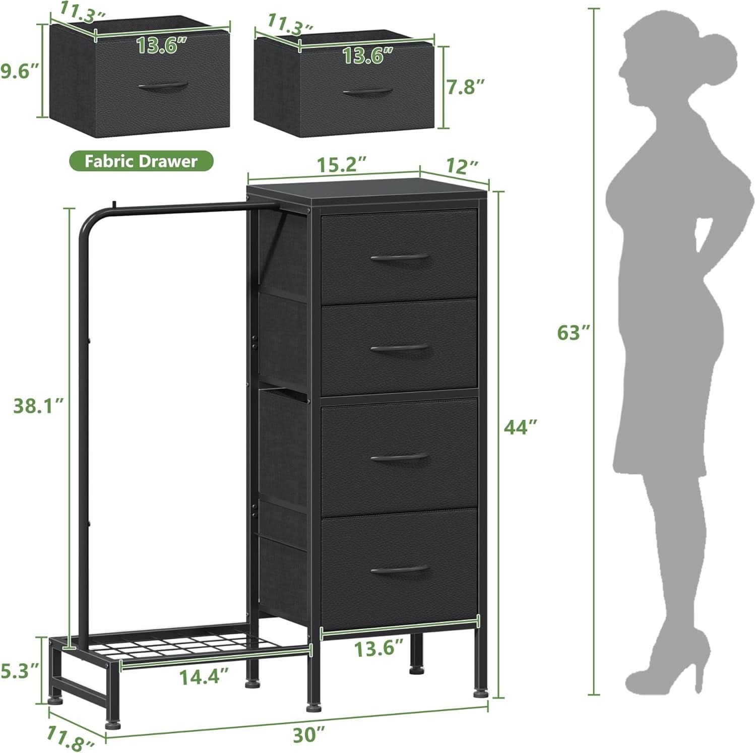 Dresser With Hanging Rack And 4 Drawers Black 44 Inch Tall