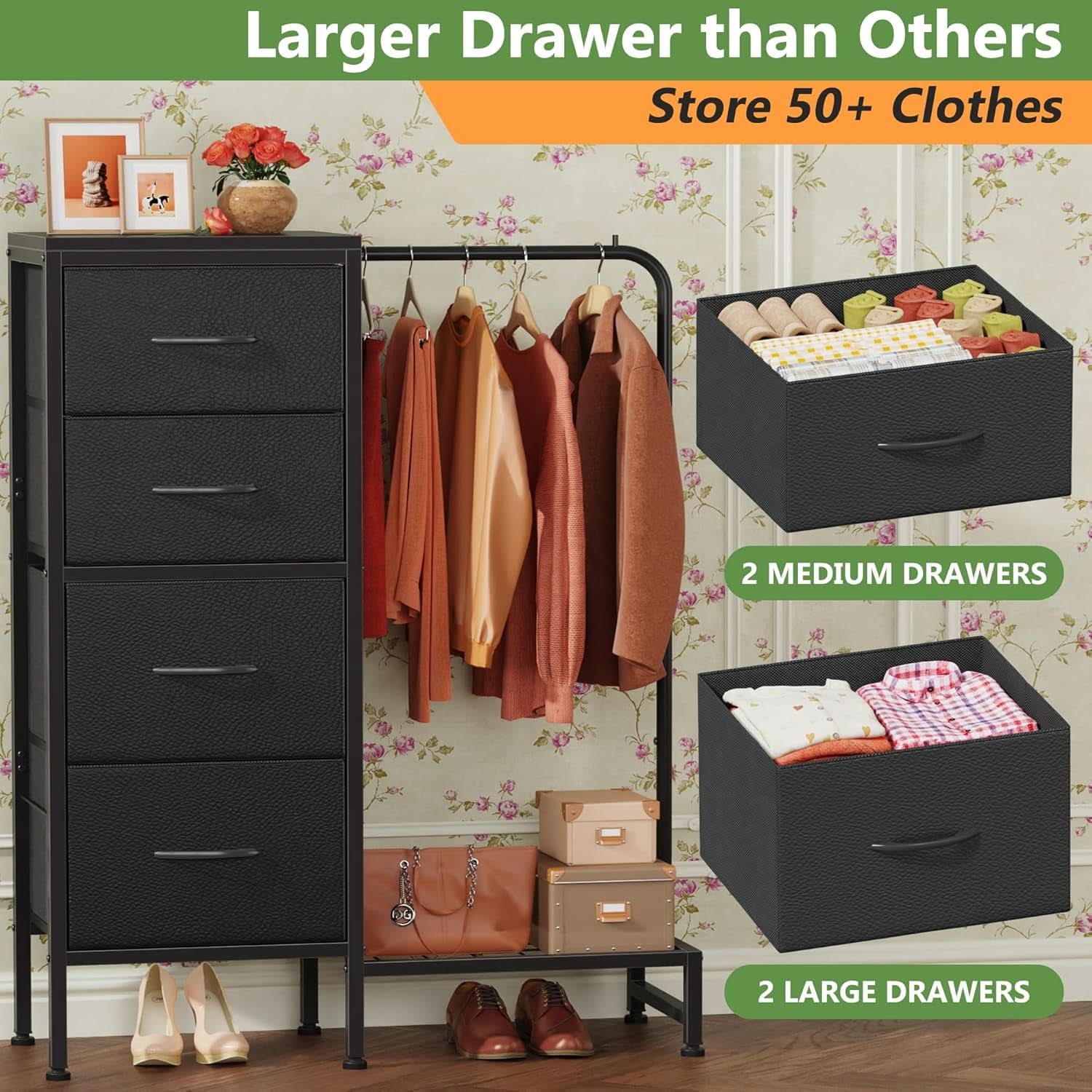 Dresser With Hanging Rack And 4 Drawers Black 44 Inch Tall