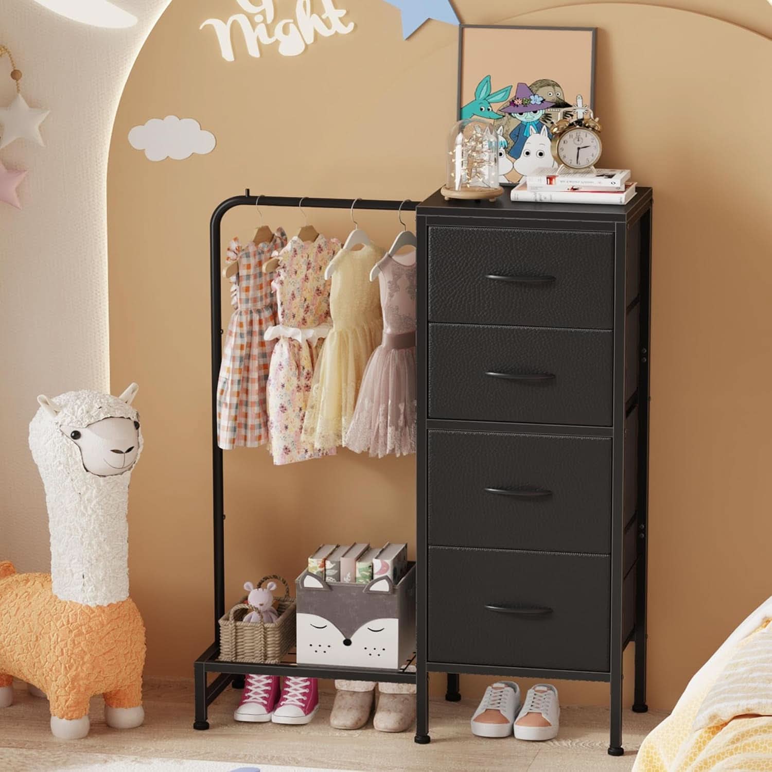 Dresser With Hanging Rack And 4 Drawers Black 44 Inch Tall