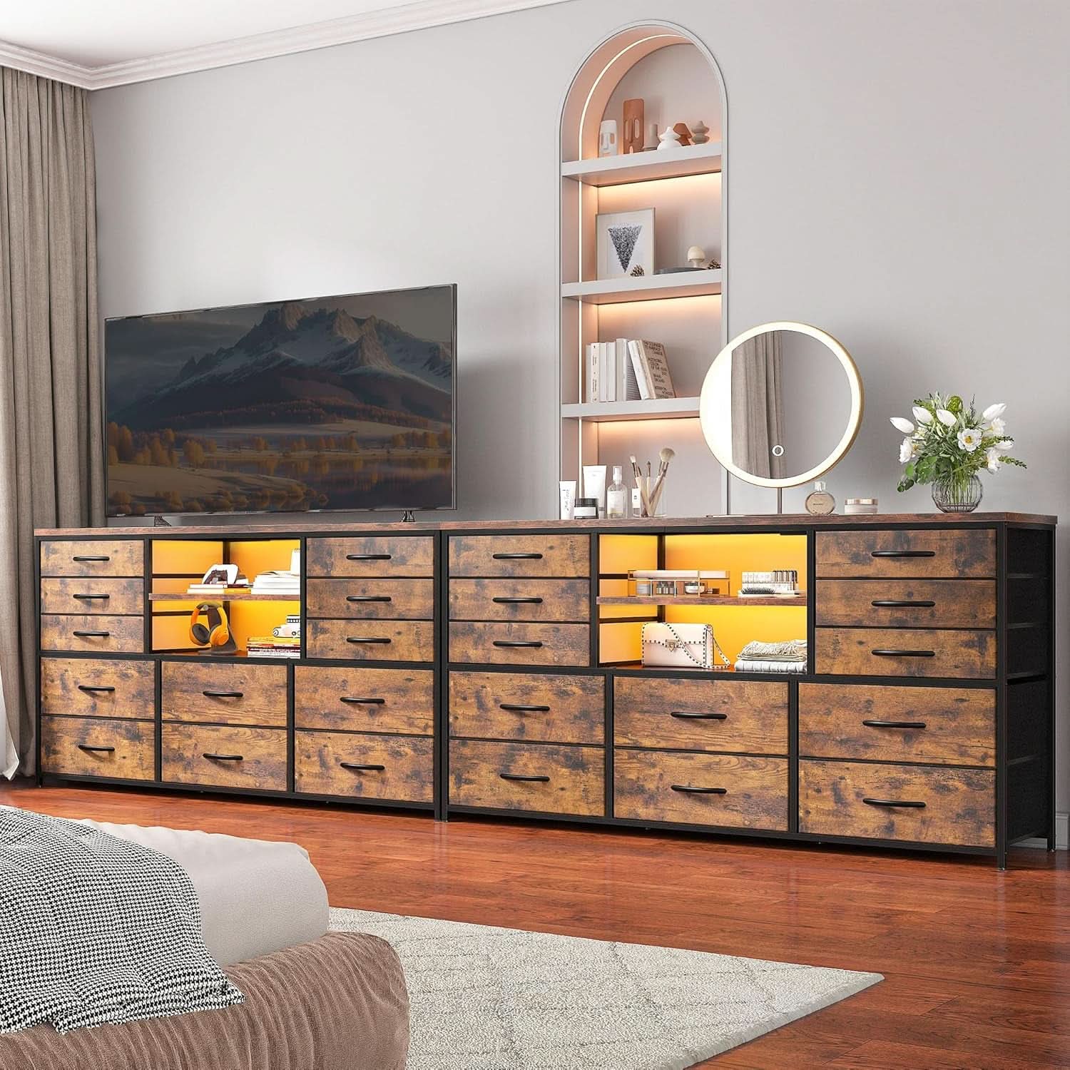 Dresser With LED Lights And Power Outlets 12 Fabric Drawers