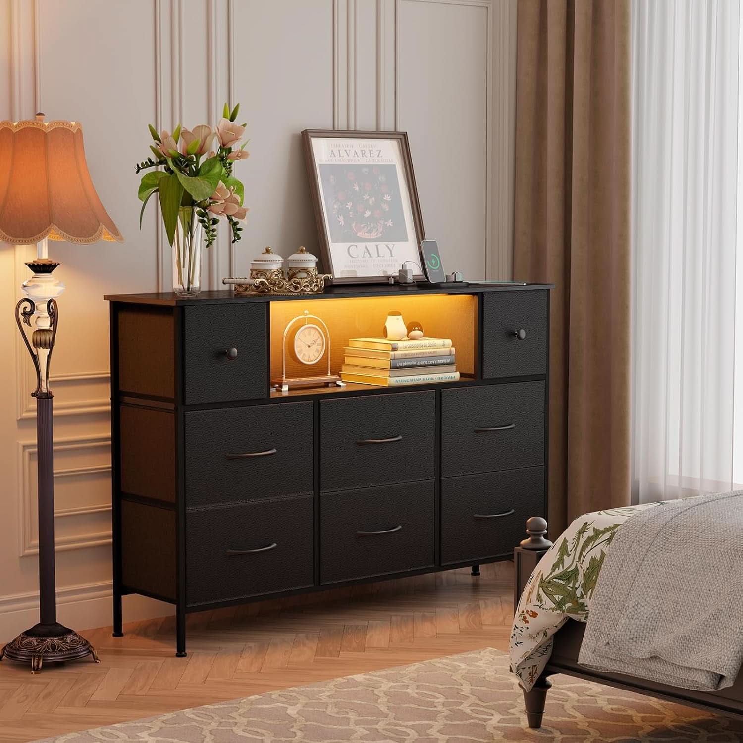 Dresser With Power Outlets And LED Lights Black 55 Inch TV Stand