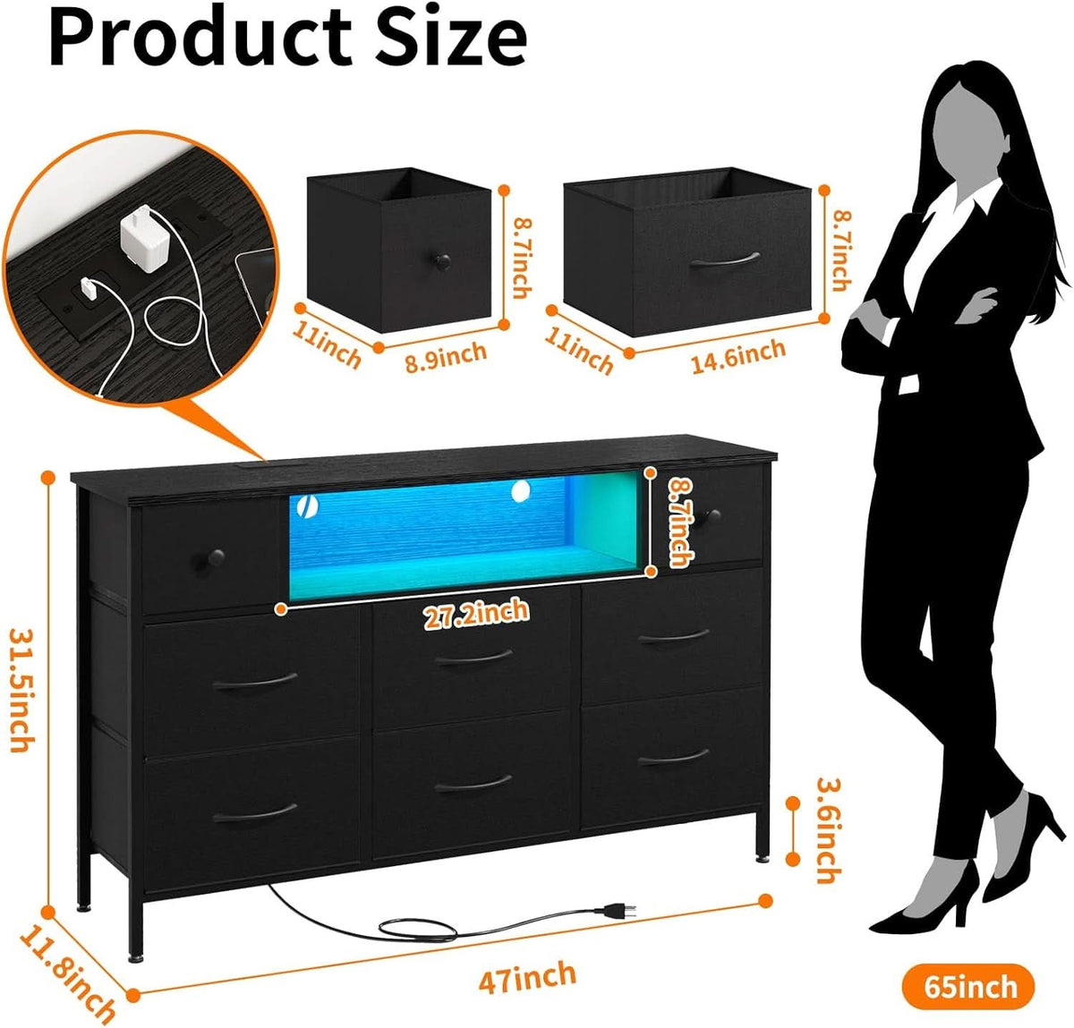 Dresser With Power Outlets And LED Lights Black 55 Inch TV Stand