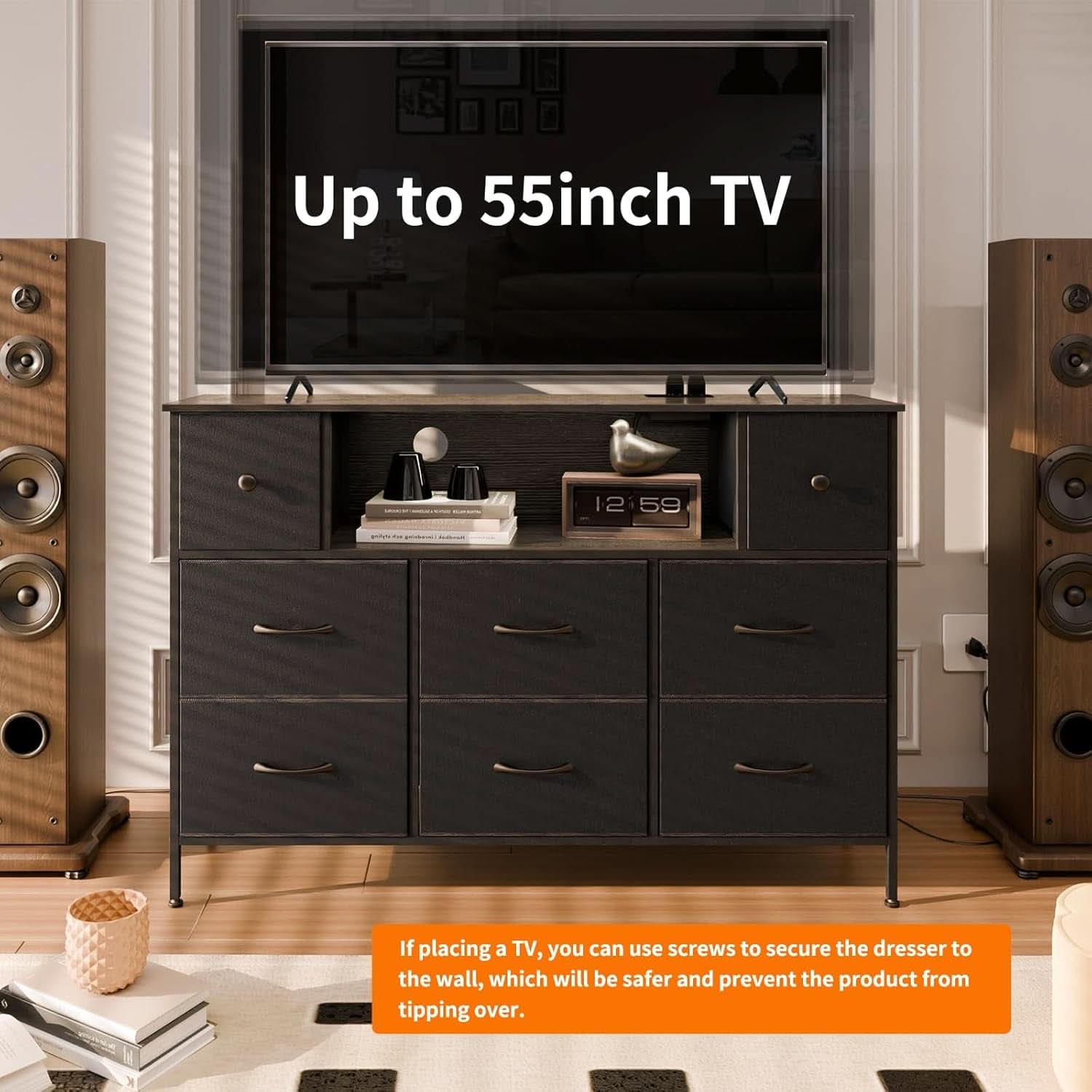 Dresser With Power Outlets And LED Lights Black 55 Inch TV Stand
