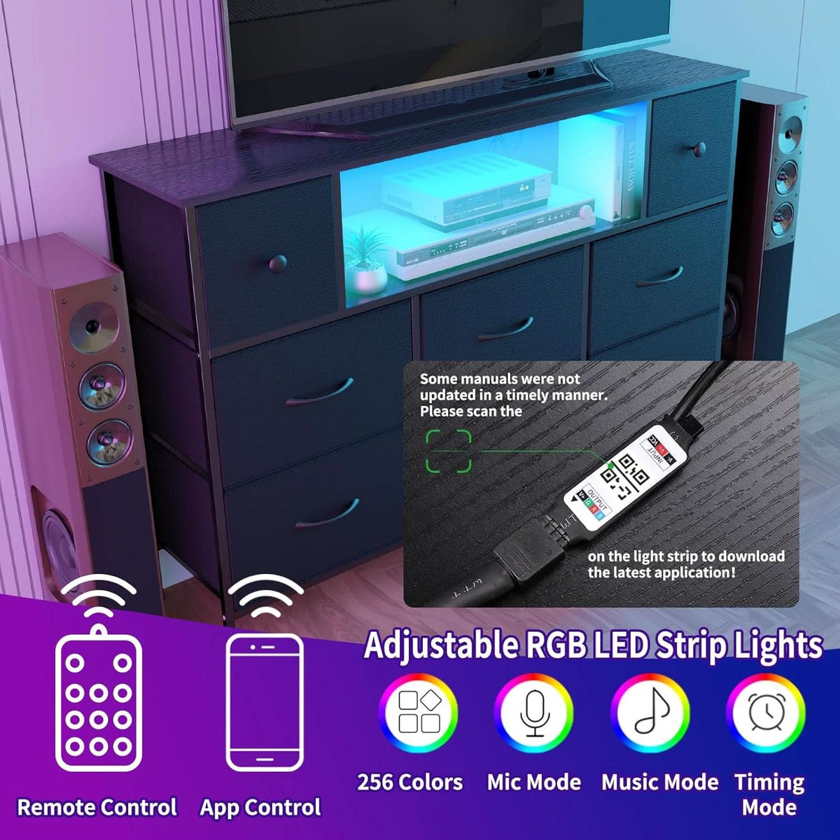 Dresser With Power Outlets And LED Lights Black 55 Inch TV Stand