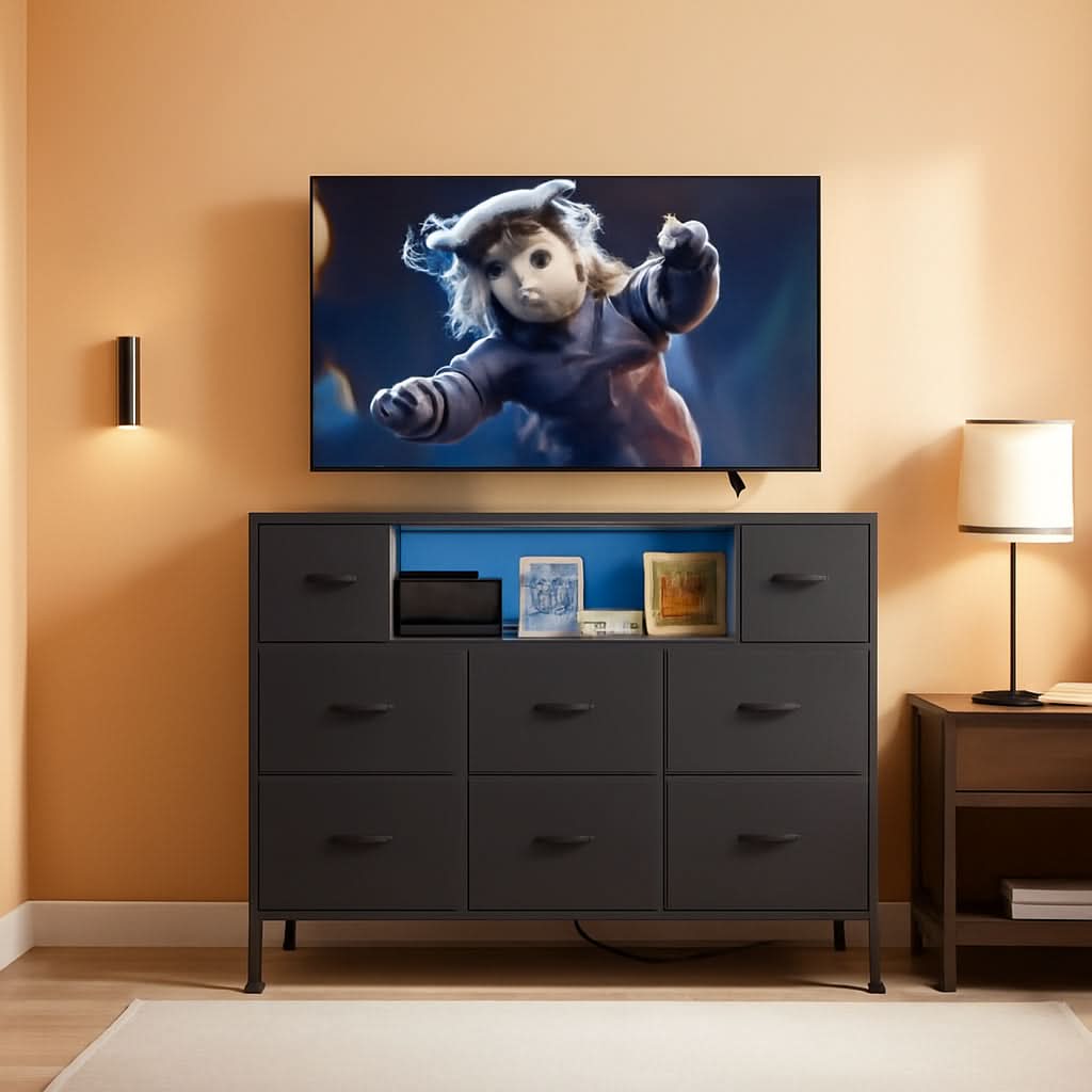 Dresser With Power Outlets And LED Lights Black 55 Inch TV Stand
