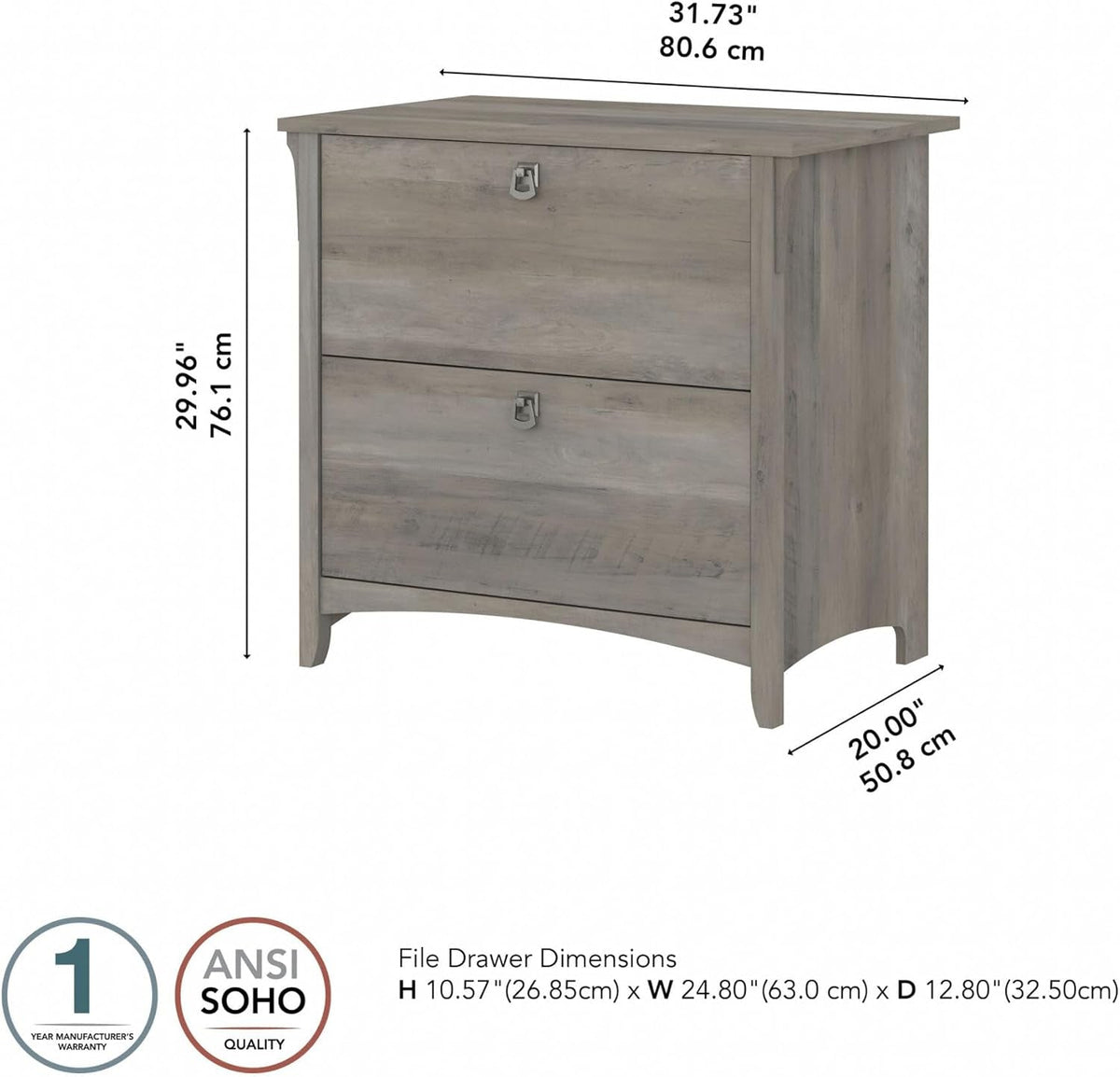 Driftwood Gray 2 Drawer Lateral File Cabinet 32W x 20D x 30H