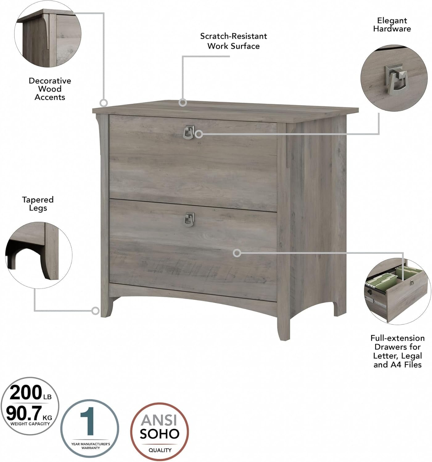 Driftwood Gray 2 Drawer Lateral File Cabinet 32W x 20D x 30H
