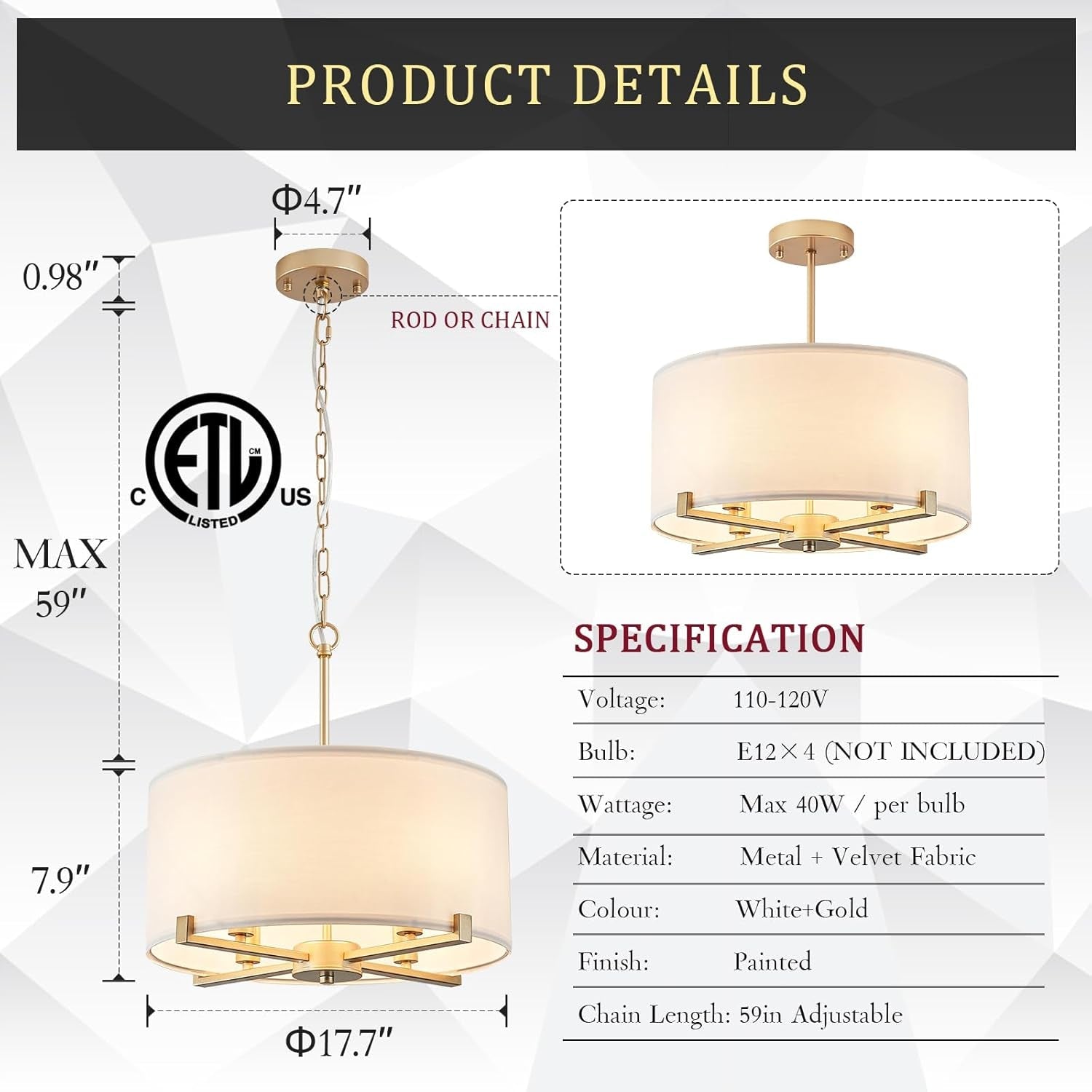 Drum Chandelier Pendant Light White Fabric Gold Finish