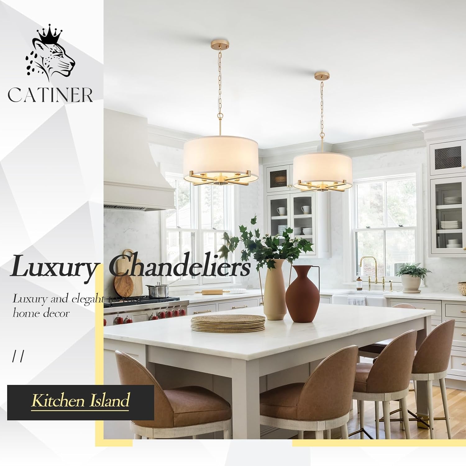 Drum Chandelier Pendant Light White Fabric Gold Finish