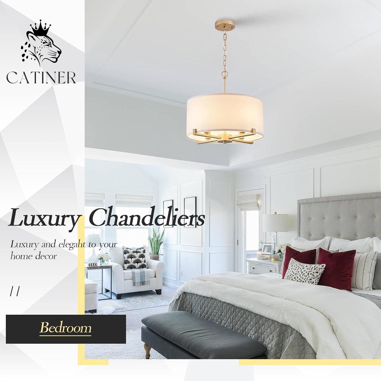 Drum Chandelier Pendant Light White Fabric Gold Finish