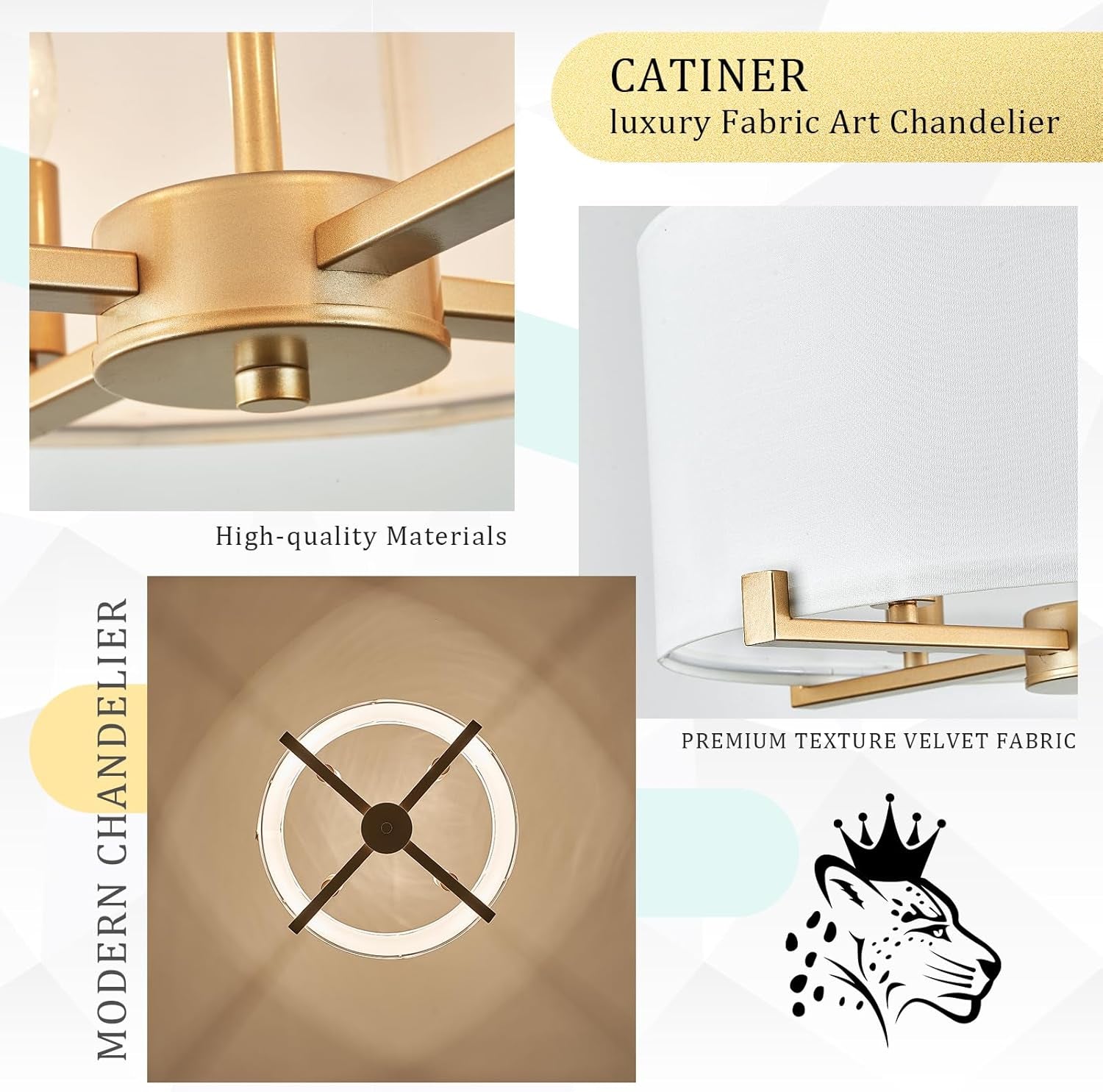 Drum Chandelier Pendant Light White Fabric Gold Finish