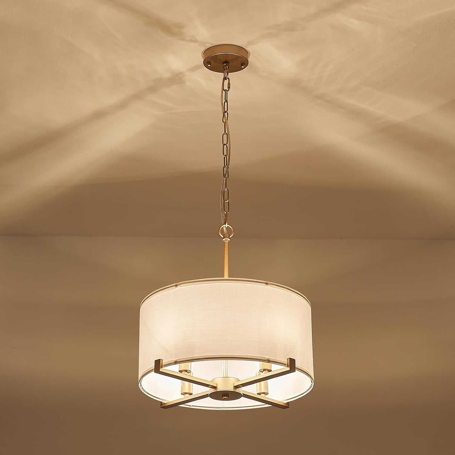 Drum Chandelier Pendant Light White Fabric Gold Finish