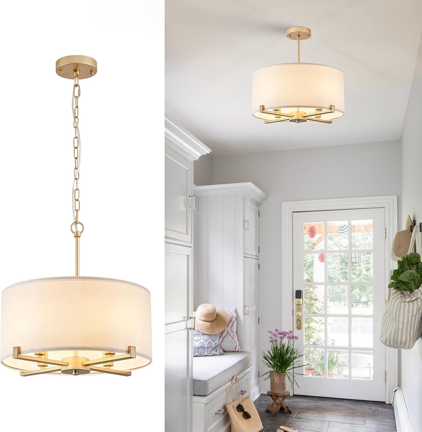 Drum Chandelier Pendant Light White Fabric Gold Finish
