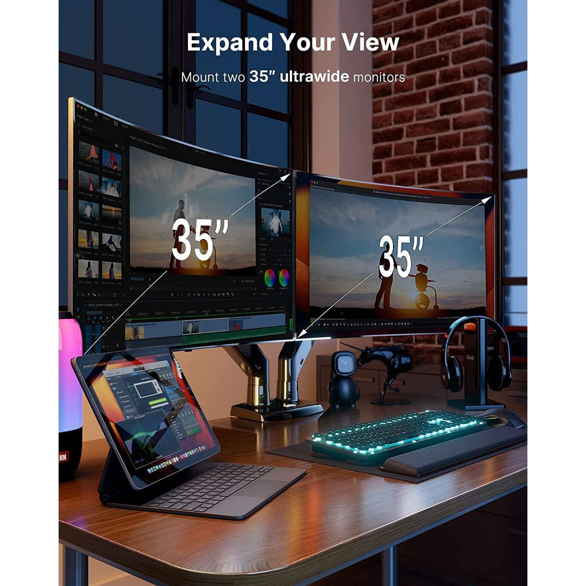 Dual Monitor Stand With USB Port Height Adjustable Arms