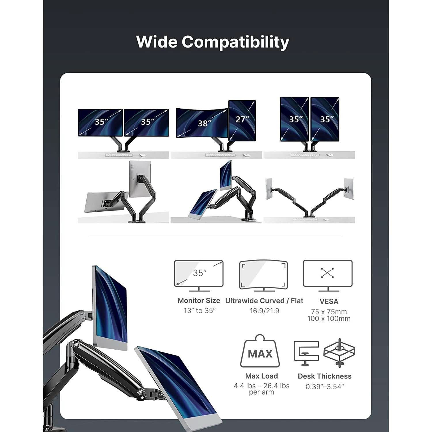 Dual Monitor Stand With USB Port Height Adjustable Arms