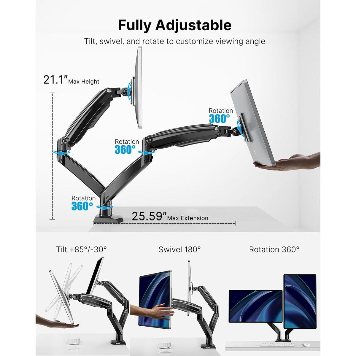 Dual Monitor Stand With USB Port Height Adjustable Arms