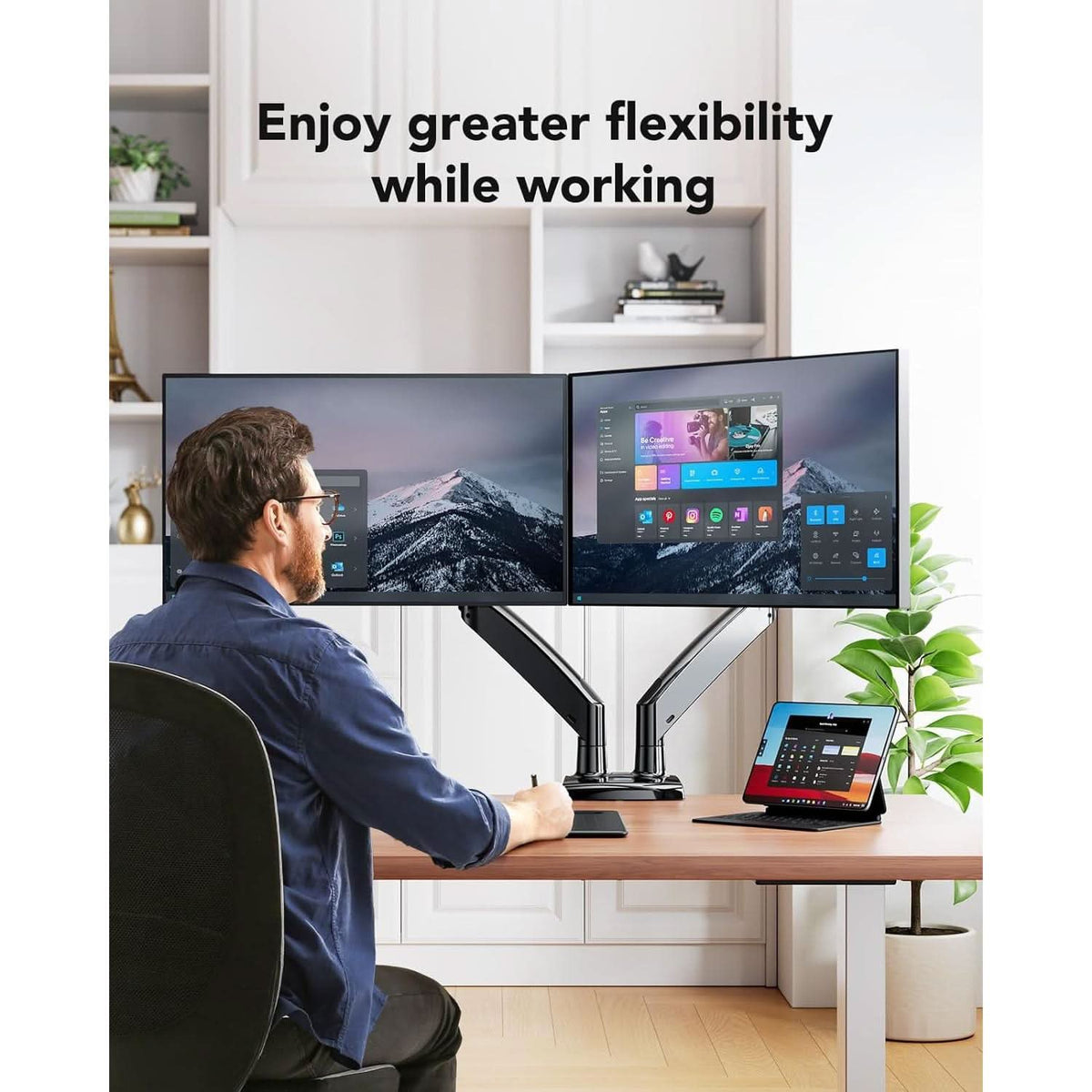 Dual Monitor Stand With USB Port Height Adjustable Arms