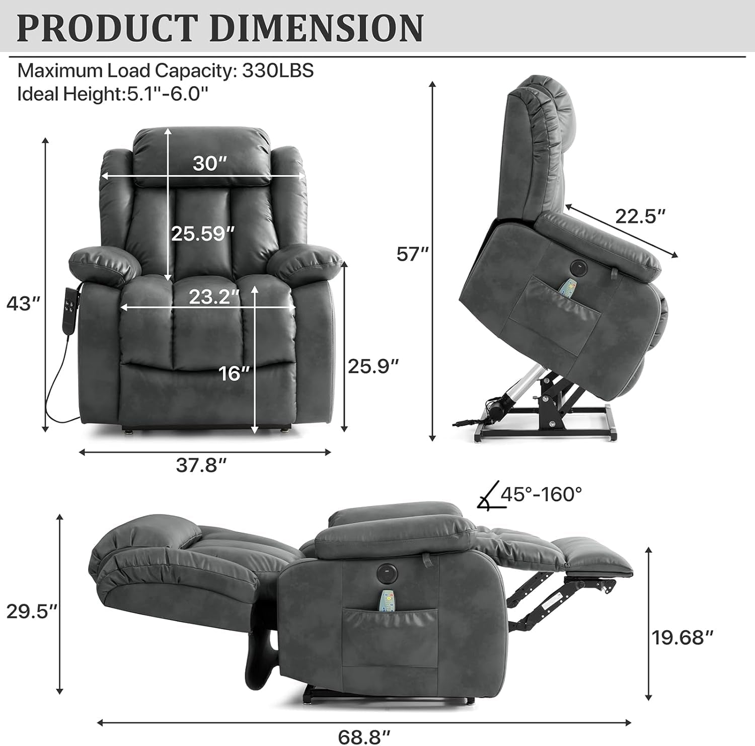 Dual Motor Lift Recliner Chair Gray With Heat Unit