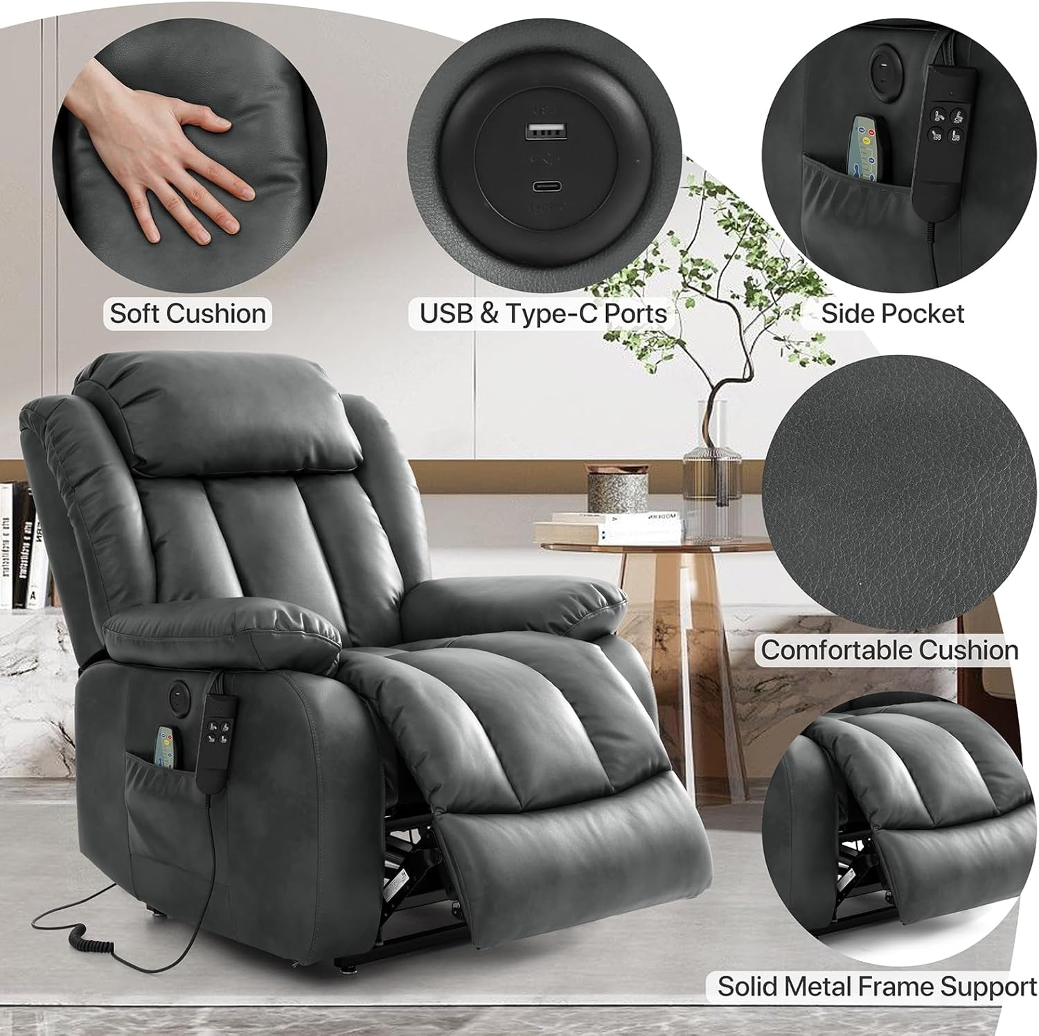 Dual Motor Lift Recliner Chair Gray With Heat Unit