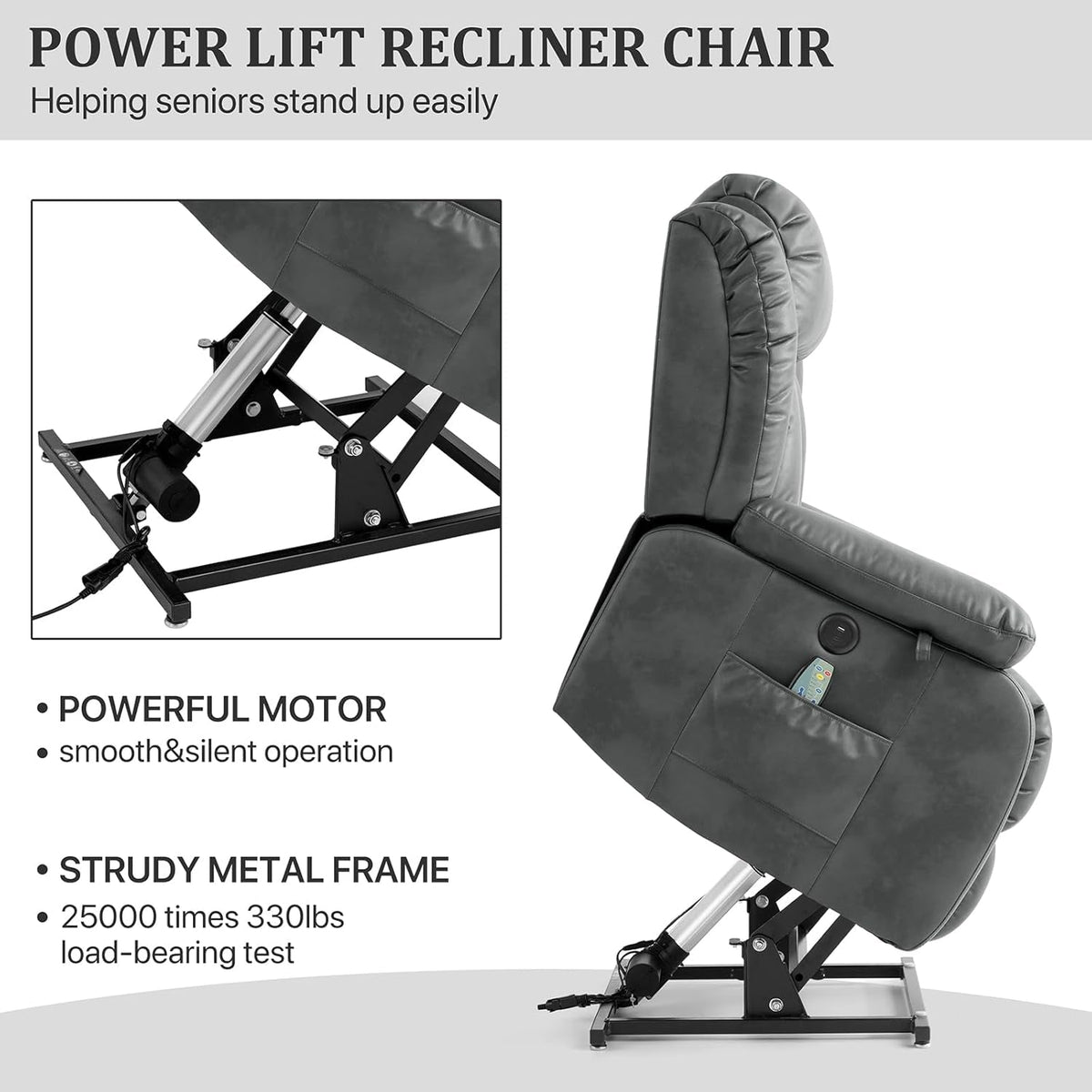 Dual Motor Lift Recliner Chair Gray With Heat Unit