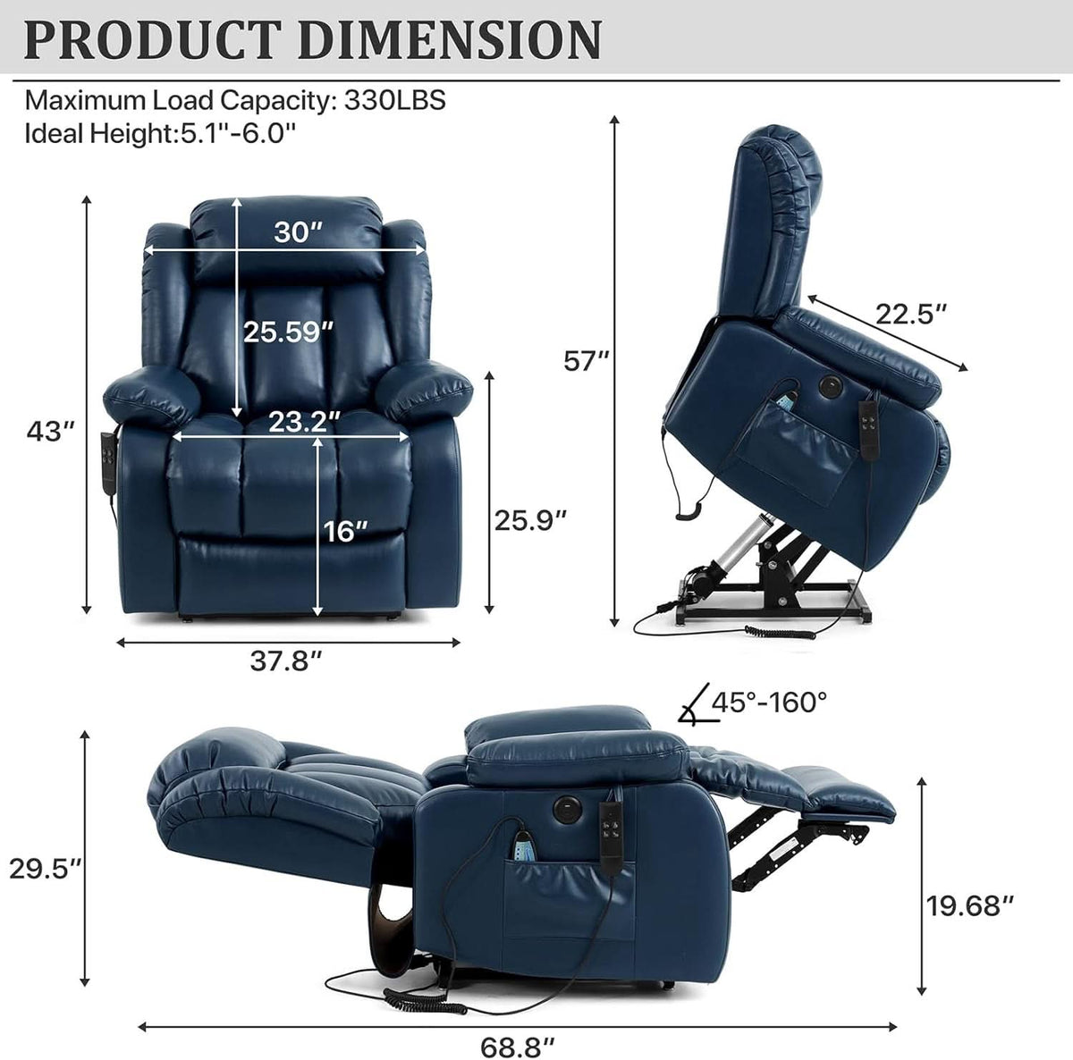Dual Motor Lift Recliner Chair With Heat And Massage Dark Blue