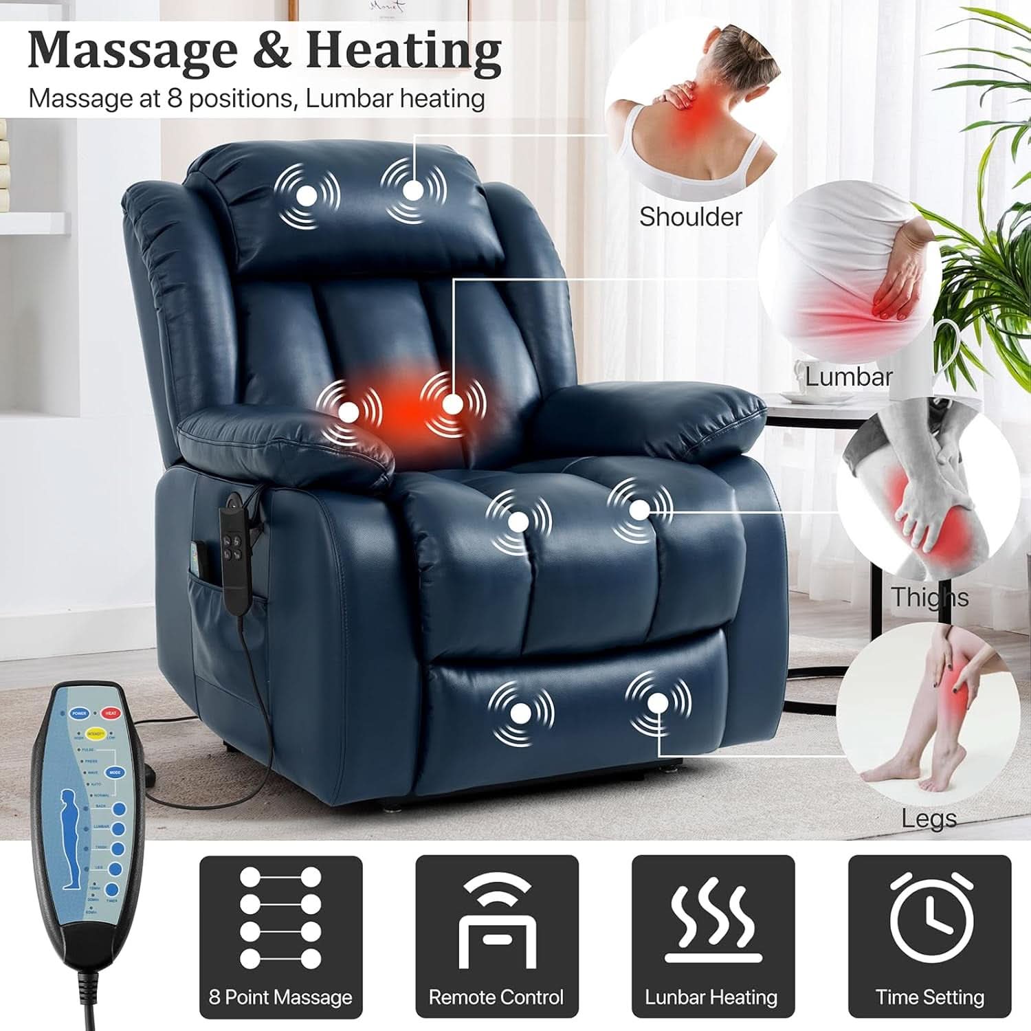 Dual Motor Lift Recliner Chair With Heat And Massage Dark Blue