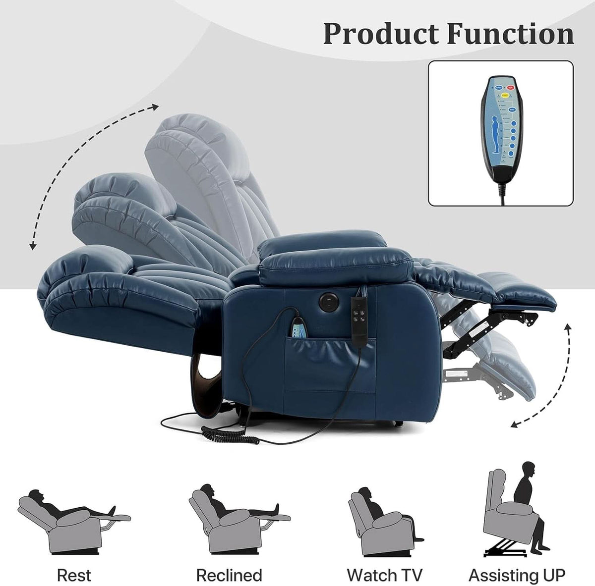 Dual Motor Lift Recliner Chair With Heat And Massage Dark Blue